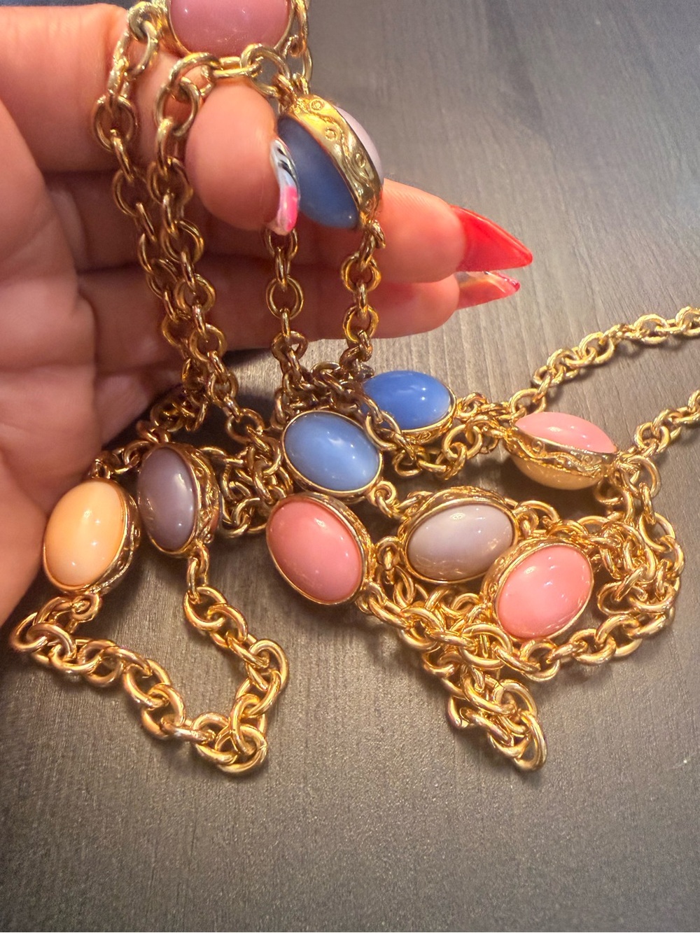 Vintage Gold Chain Necklace w/ Pastel Glass Stone - Pink, Cream, Lavender, Blue